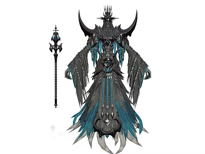 Fantasy Character With Creature Inspired Robe Horned Helmet And Intricate Staff Design 3d model