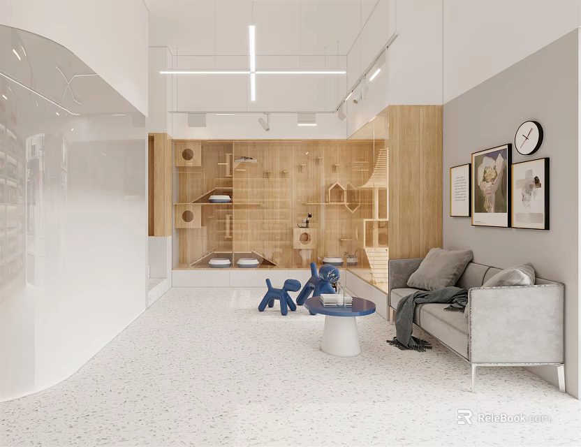 Modern Shopping Mall Store Interior With Wooden Structures Gray Sofa Blue Toys And Decorative Paintings 3d model 