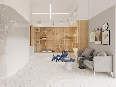 Modern Shopping Mall Store Interior With Wooden Structures Gray Sofa Blue Toys And Decorative Paintings 3d model