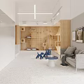 Modern Shopping Mall Store Interior With Wooden Structures Gray Sofa Blue Toys And Decorative Paintings