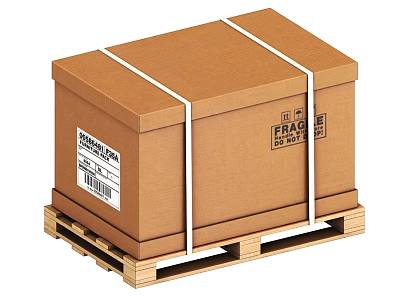 Brown Shipping Cardboard Box On Wooden Pallet With White Straps And Fragile Label 3d model