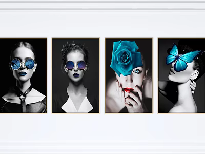 Set of Four Modern Portrait Paintings With Sunglasses Rose Butterfly And Colorful Accents 3d model