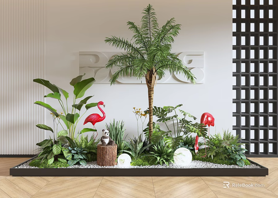 Lush Indoor Landscape With Palm Tree Green Plants Flamingo Decor Wooden Stump And Stones 3d model 