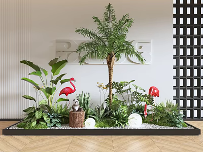 Lush Indoor Landscape With Palm Tree Green Plants Flamingo Decor Wooden Stump And Stones 3d model