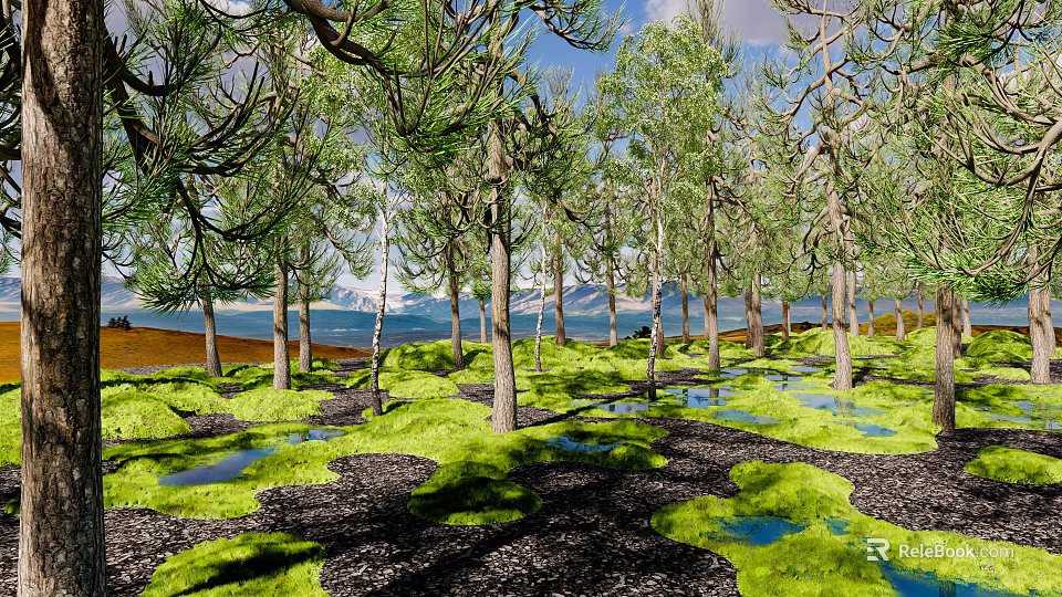 Park Landscape With Lush Trees Green Moss Puddles And Distant Mountains 3d model 