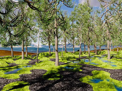 Park Landscape With Lush Trees Green Moss Puddles And Distant Mountains 3d model