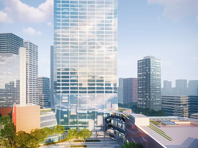 Modern High Rise Office Building With Glass Exterior In Urban Cityscape 3d model