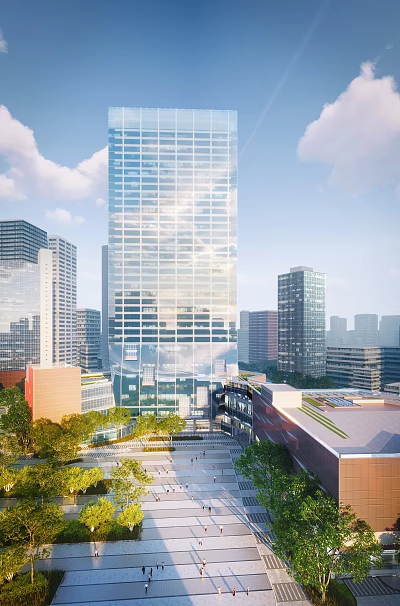 Modern High Rise Office Building With Glass Exterior In Urban Cityscape 3d model