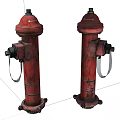 Two Red Fire Hydrants As Fire Safety Equipment With Rusty Details And Valve Connections