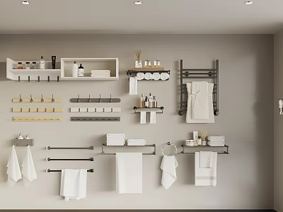 White Bathroom Towels Hanging On Organized Metal Racks With Bathroom Accessories 3d model
