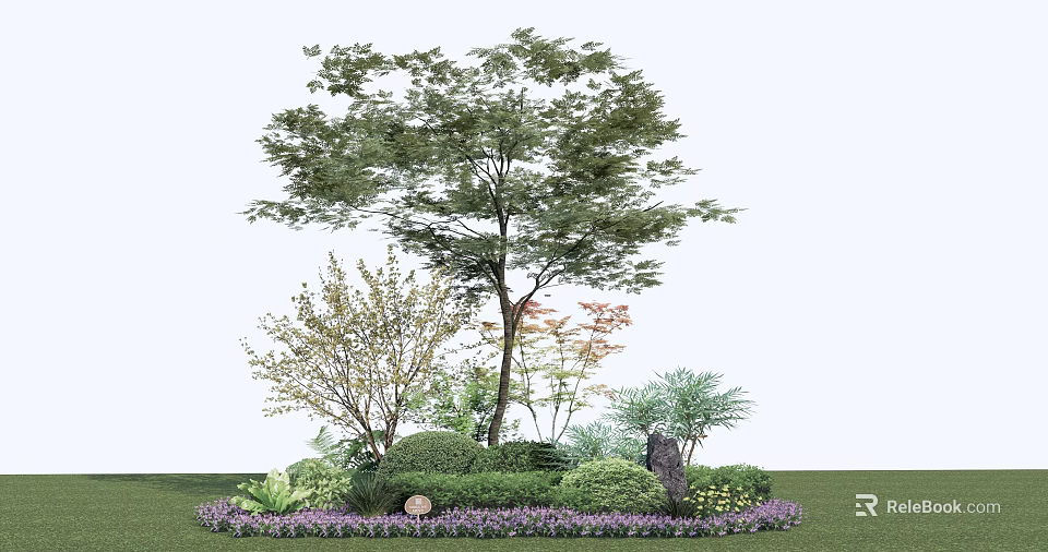 Shrub Centered Garden Landscape With Tall Trees Decorative Rock And Purple Flowers 3d model 