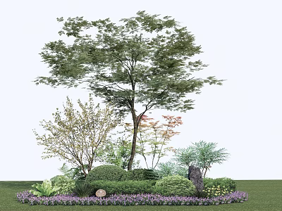 Shrub Centered Garden Landscape With Tall Trees Decorative Rock And Purple Flowers 3d model