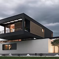 Modern Detached Villa With Black And White Exterior Large Glass Windows Green Lawn And Trees
