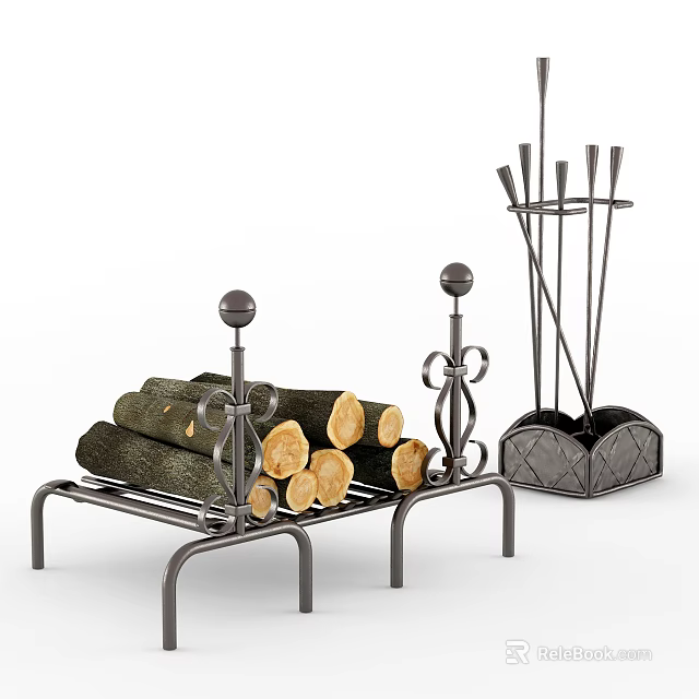 Sturdy Metal Firewood Rack With Stacked Logs And Fireplace Tools Set 3d model