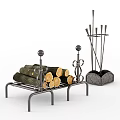 Sturdy Metal Firewood Rack With Stacked Logs And Fireplace Tools Set 3d model