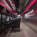 Modern Gaming Cafe Interior With ZOWIE GEAR DYAC2 Monitors And Pink Black Gaming Chairs