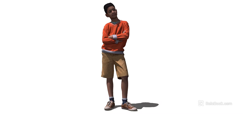 Man Standing With Arms Crossed In Orange Long Sleeve Shirt Khaki Shorts And Brown Shoes 3d model 
