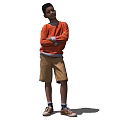Man Standing With Arms Crossed In Orange Long Sleeve Shirt Khaki Shorts And Brown Shoes