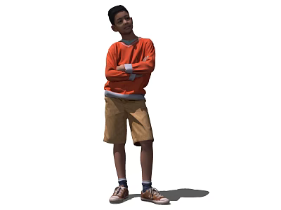 Man Standing With Arms Crossed In Orange Long Sleeve Shirt Khaki Shorts And Brown Shoes 3d model