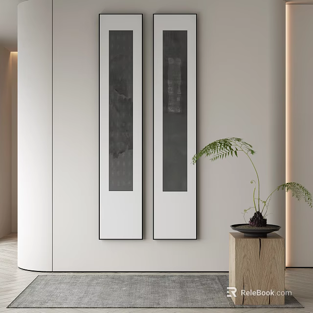 Minimalist Modern Wall Art Decor With Potted Fern Plant And Wooden Stand 3d model 