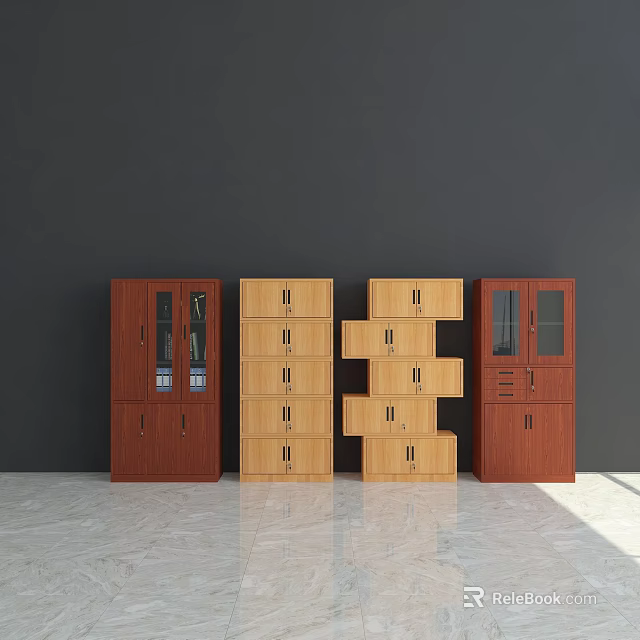 Modern Bookcases in Brown and Light Wood with Glass Doors Shelves and Drawers 3d model 