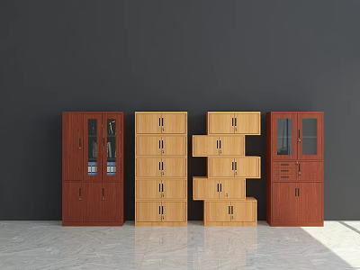 Modern Bookcases in Brown and Light Wood with Glass Doors Shelves and Drawers 3d model
