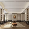 Modern Fitness Gym Interior With Treadmills Dumbbells Wooden Floor And Decorative Painting