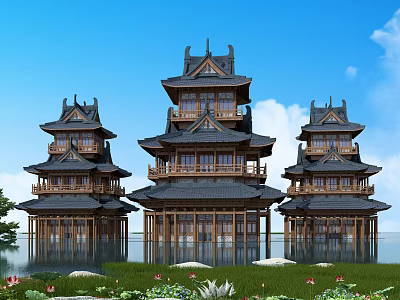 Ancient Chinese Architecture Traditional Wooden Pagodas With Multi Tiered Black Tile Roofs And Water Reflection 3d model
