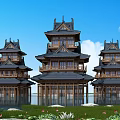 Ancient Chinese Architecture Traditional Wooden Pagodas With Multi Tiered Black Tile Roofs And Water Reflection