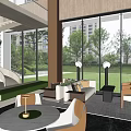 Spacious Modern Sales Office Interior With Floor to Ceiling Windows and Greenery View 3d model