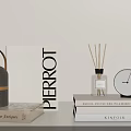Modern Decorative Ornament Set With Gray Gold Handle Box Reed Diffuser Round Clock And Books