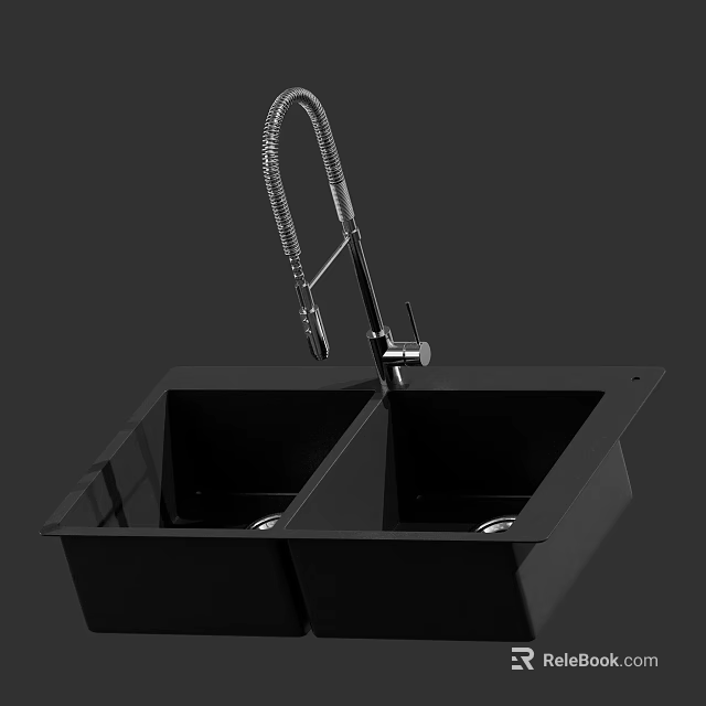 Black Double Bowl Kitchen Sink With Flexible Faucet For Modern Kitchen Use 3d model 