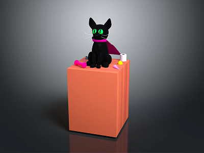 Black Cat With Green Eyes Purple Cape Sitting On Orange Cube With Pink Yellow Objects 3d model