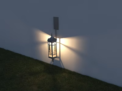 Lantern Design Wall Light On White Wall With Soft Light Illuminating Grass 3d model
