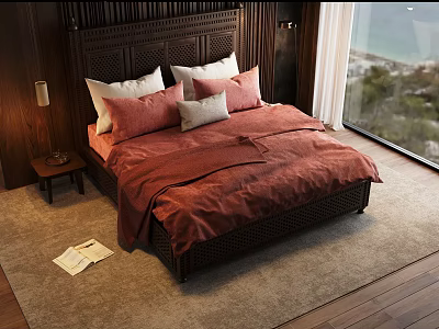 Double Bed Interior With Dark Wooden Headboard Red Bedding Pillows Nightstand And Sea View Window 3d model