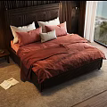 Double Bed Interior With Dark Wooden Headboard Red Bedding Pillows Nightstand And Sea View Window