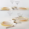 Modern Tableware Set With White Plates Glass Cups Wine Glasses And Forks