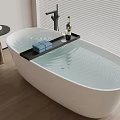 Modern Bathroom Interior With White Freestanding Bathtub Black Tray Blue Boxes And Wine Glass