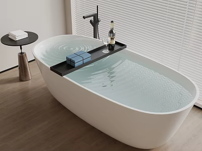 Modern Bathroom Interior With White Freestanding Bathtub Black Tray Blue Boxes And Wine Glass 3d model