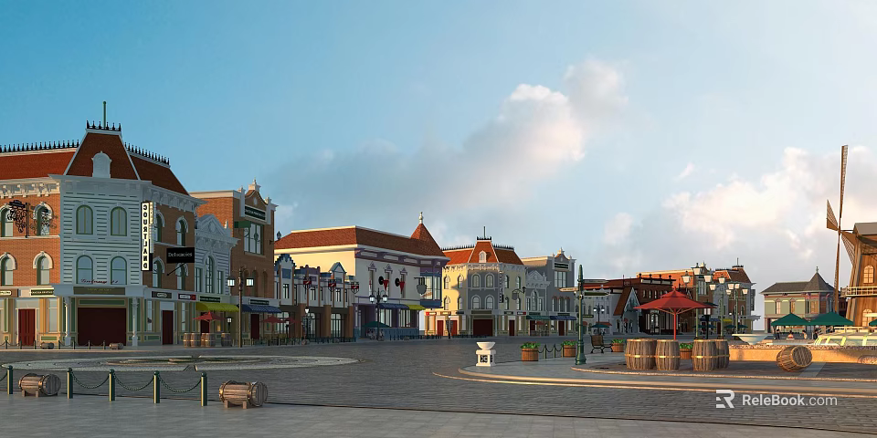 Commercial Plaza Landscape With Various Architectural Styles Red Roofs And Public Amenities 3d model 