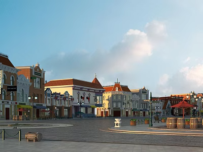 Commercial Plaza Landscape With Various Architectural Styles Red Roofs And Public Amenities 3d model