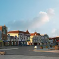 Commercial Plaza Landscape With Various Architectural Styles Red Roofs And Public Amenities