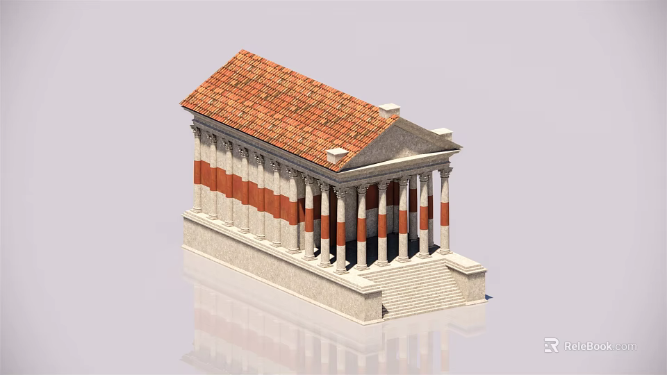 Ancient Style Building Model With Red Tile Roof White Striped Columns And Steps 3d model 