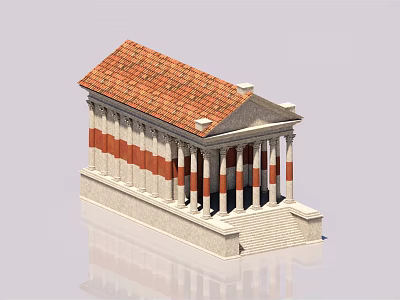 Ancient Style Building Model With Red Tile Roof White Striped Columns And Steps 3d model