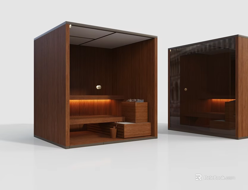 Modern Wooden Sauna Room Interior With Bench Storage And Ambient Lighting Design 3d model 