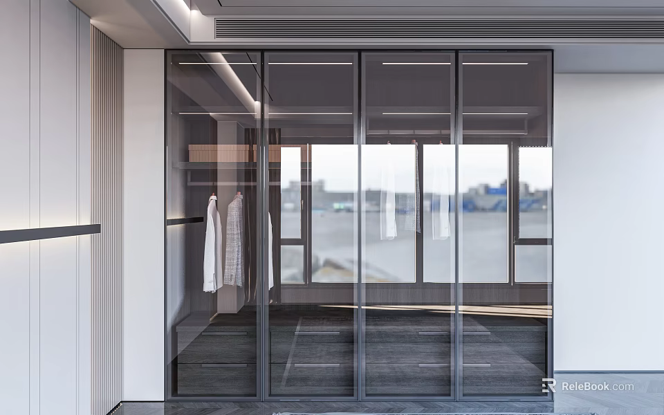 Modern Wardrobe Interior Design With Transparent Glass Doors And Hanging Space 3d model 