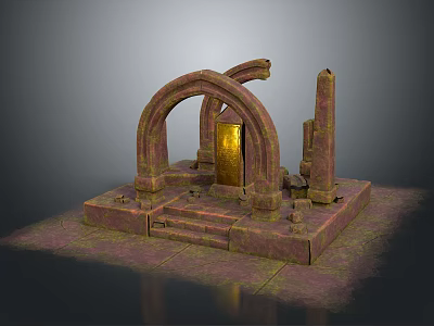 Ancient Stone Architecture Featuring Arched Design Stone Pillars And Golden Central Structure 3d model