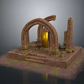 Ancient Stone Architecture Featuring Arched Design Stone Pillars And Golden Central Structure