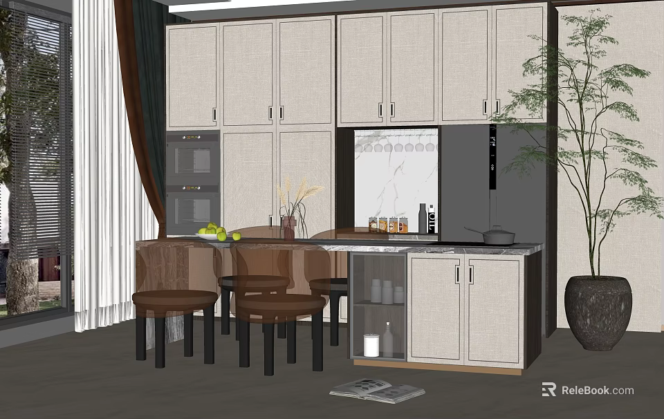 Modern Kitchen Dining Table Set With Island Counter Cabinets And Chairs 3d model 
