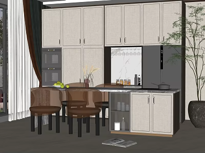 Modern Kitchen Dining Table Set With Island Counter Cabinets And Chairs 3d model
